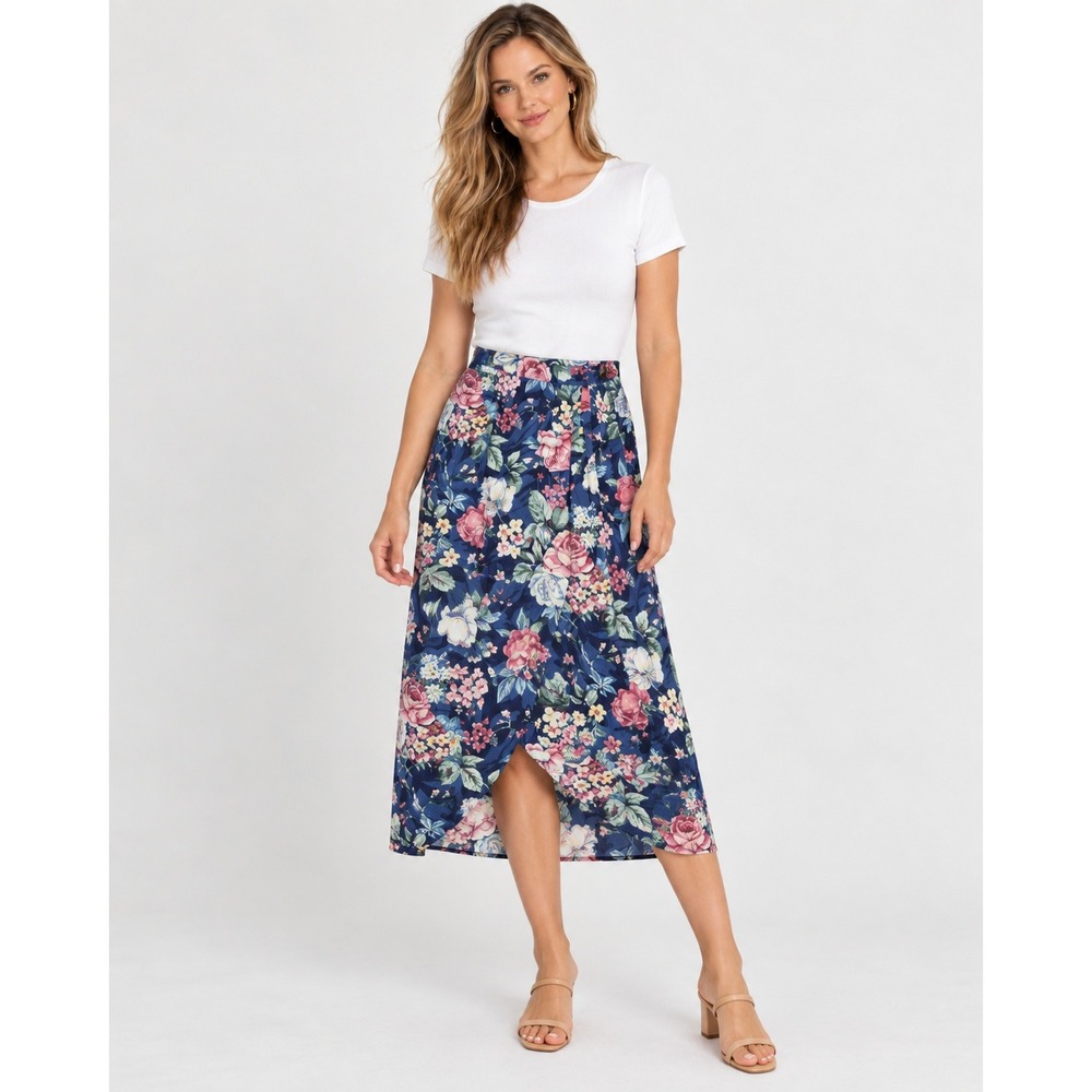 Vintage Manor House Floral Midi Skirt Cottagecore Made in USA Blue Pink Wrap